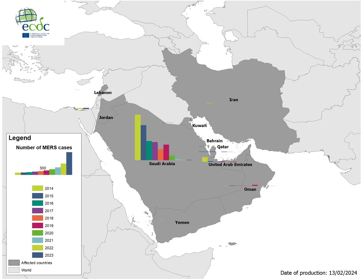 Geographical distribution of confirmed MERS-CoV cases by country of infection and year, from April 2012 to January 2024