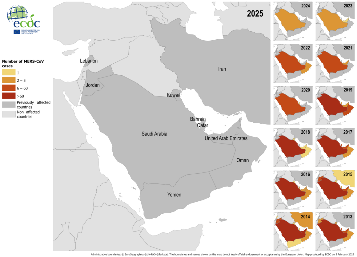 Distribution of confirmed cases of MERS by place of infection and year of onset, January 2013 – February 2025
