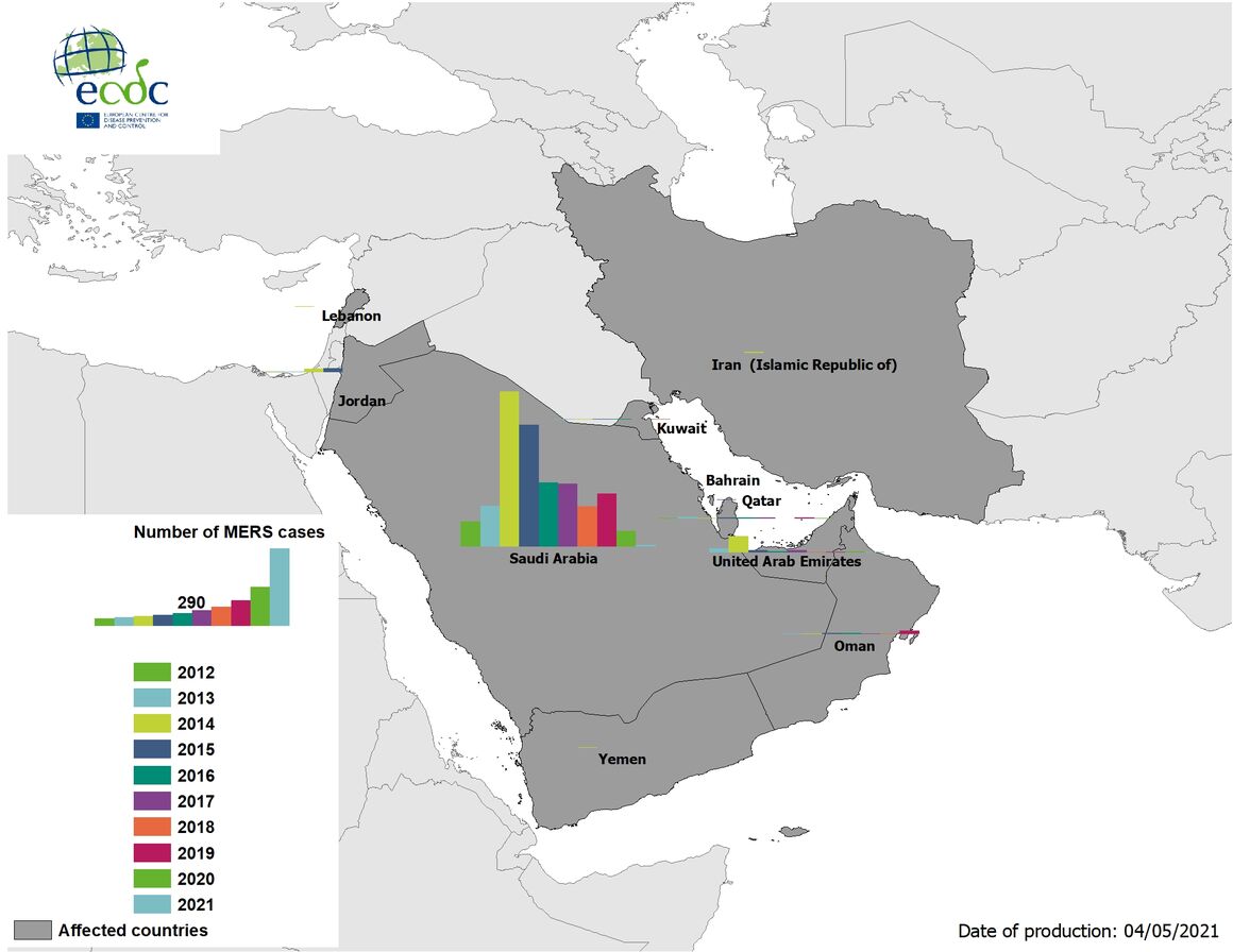 Geographical distribution of confirmed MERS-CoV cases by country of infection and year, May 2021