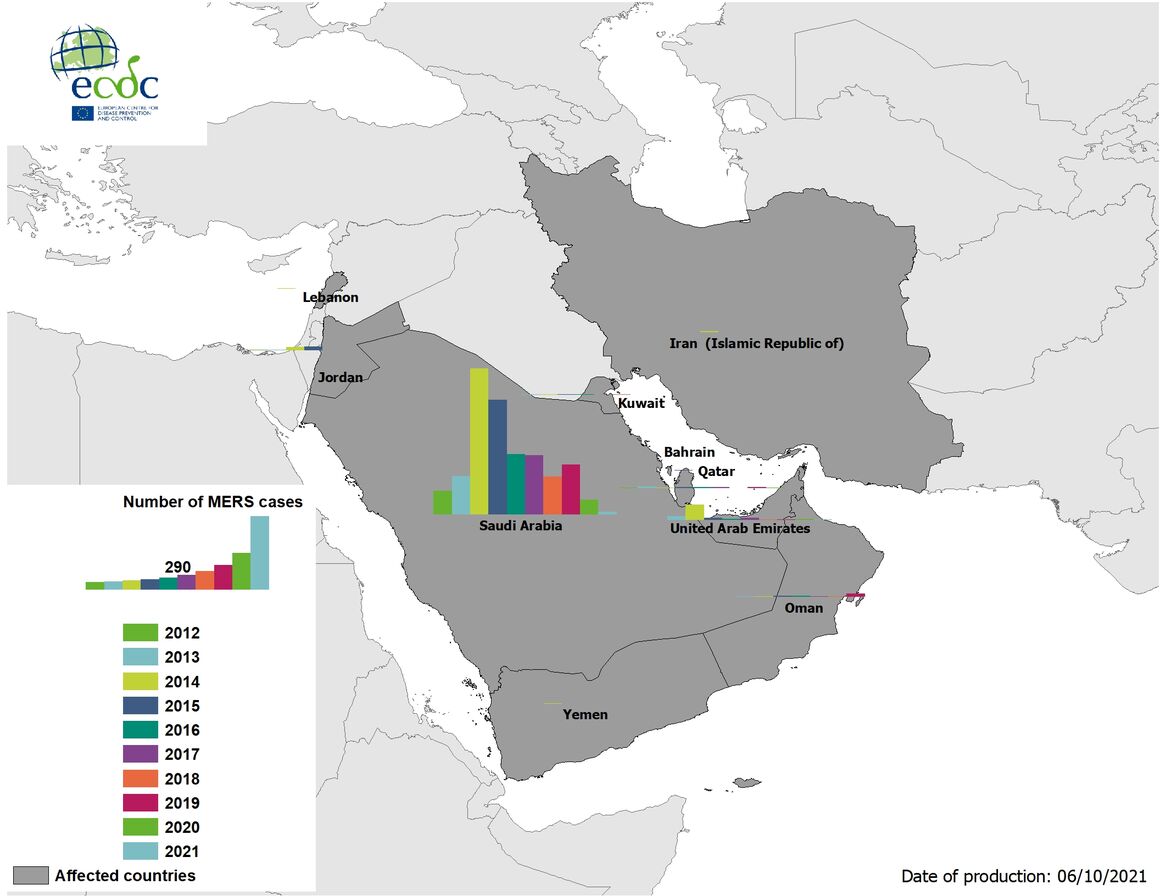 Geographical distribution of confirmed MERS-CoV cases by country of infection and year, October 2021