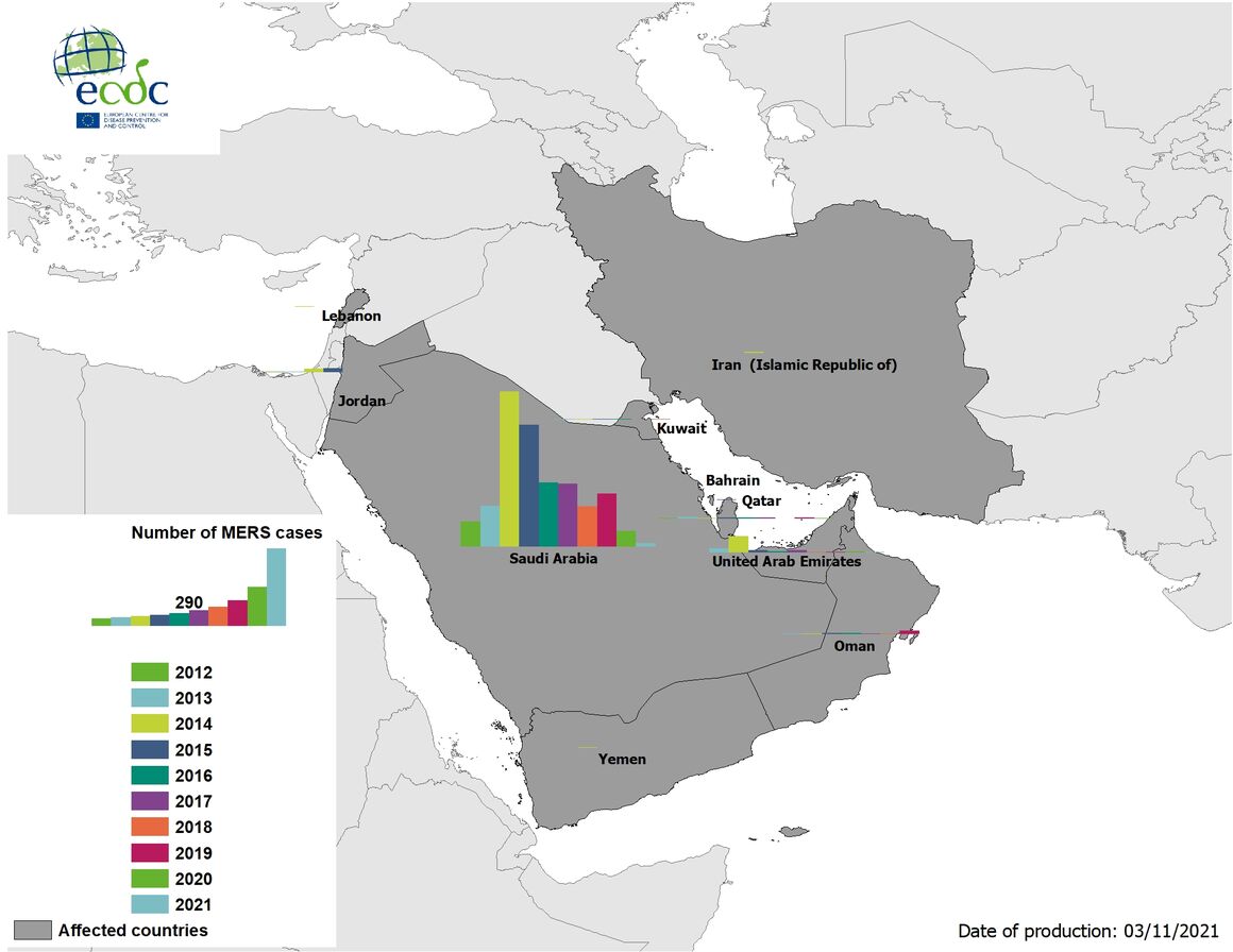 Geographical distribution of confirmed MERS-CoV cases by country of infection and year, November 2021