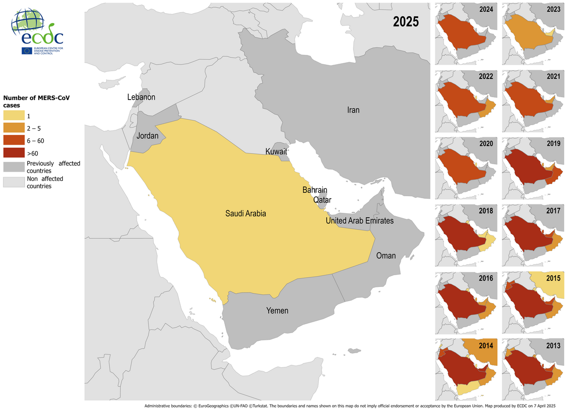 Distribution of confirmed cases of MERS by place of infection and year of onset, January 2013 to March 2025