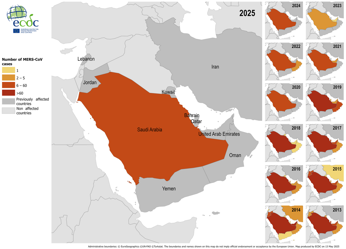 Distribution of confirmed cases of MERS by place of infection and year of onset, January 2013 to April 2025
