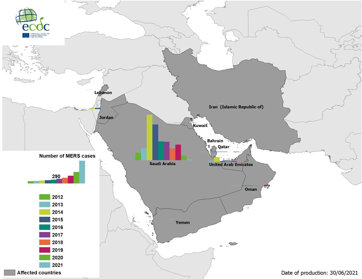 Geographical distribution of confirmed MERS-CoV cases by country of infection and year