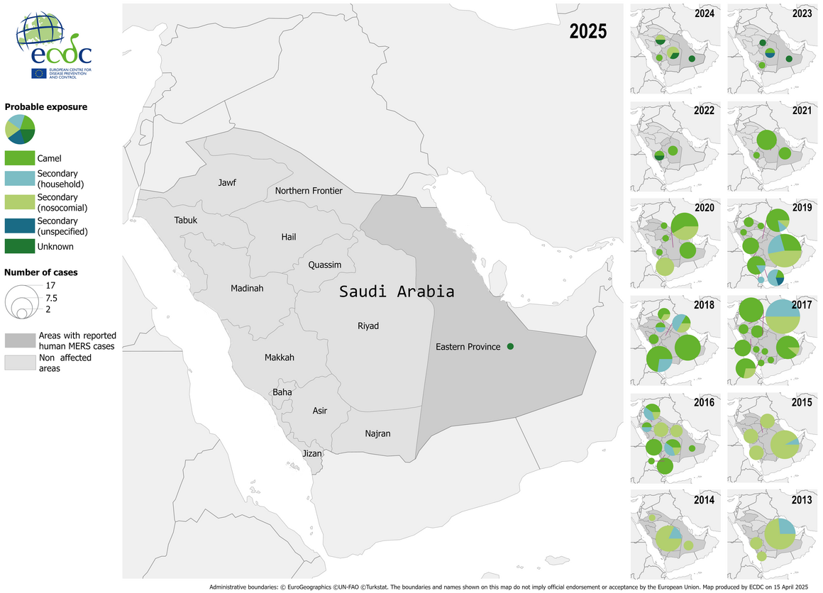 Geographical distribution of confirmed cases of MERS in Saudi Arabia by probable region of infection and exposure, with dates of onset from January 2013 to March 2025