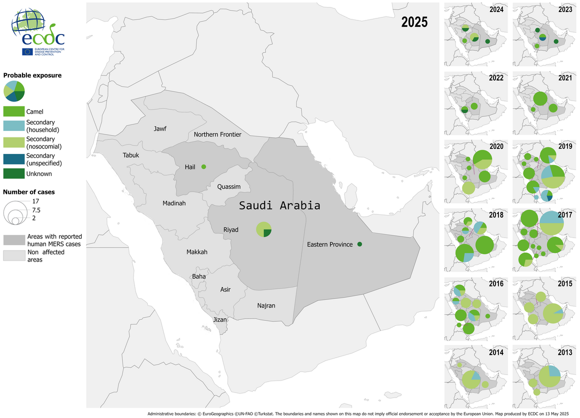 Geographical distribution of confirmed cases of MERS in Saudi Arabia by probable region of infection and exposure, with dates of onset from January 2013 to March 2025