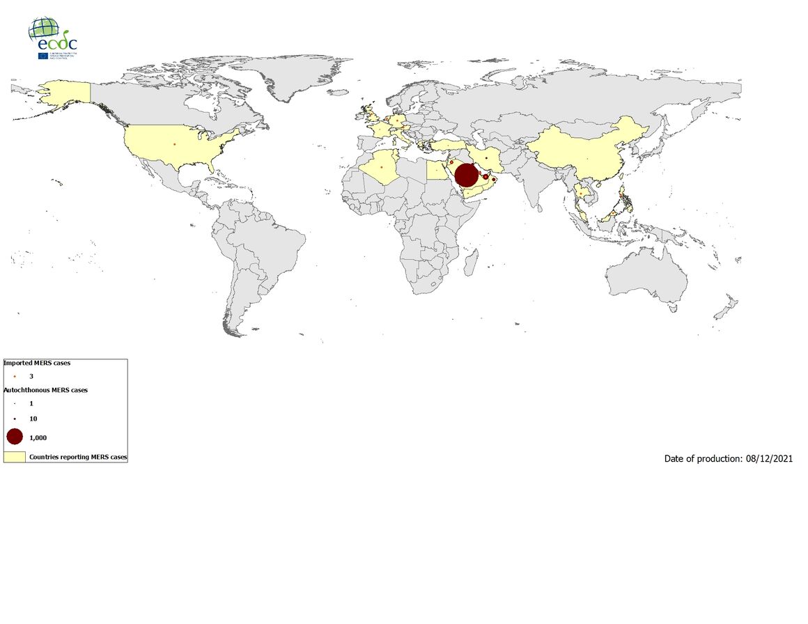 Geographical distribution of confirmed MERS-CoV cases by reporting country from April 2012 to 6 December 2021
