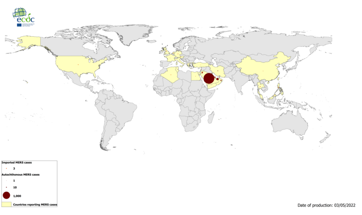 Geographical distribution of confirmed MERS-CoV cases by reporting country from April 2012 to 3 May 2022