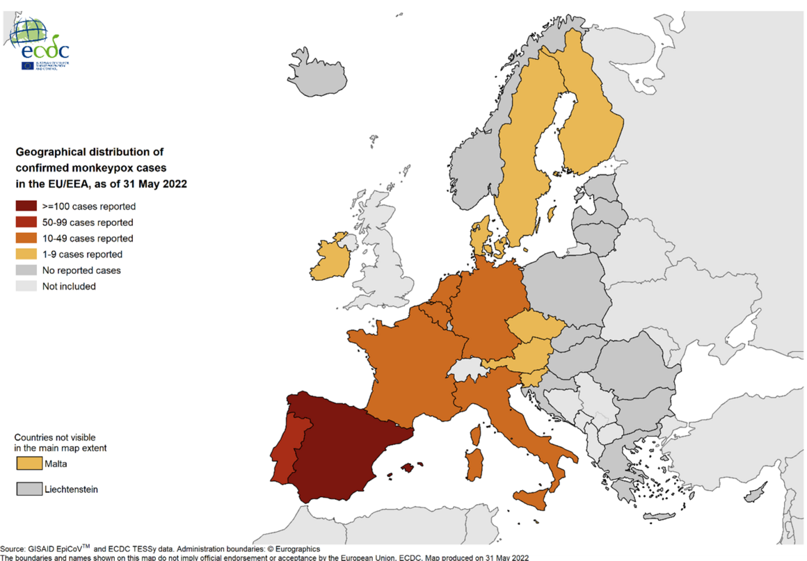Geographical distribution of confirmed cases of MPX in EU/EEA countries, as of 31 May 2022