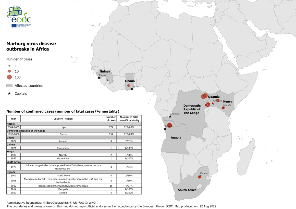 Marburg virus disease outbreaks in Africa as of 12 August 2022