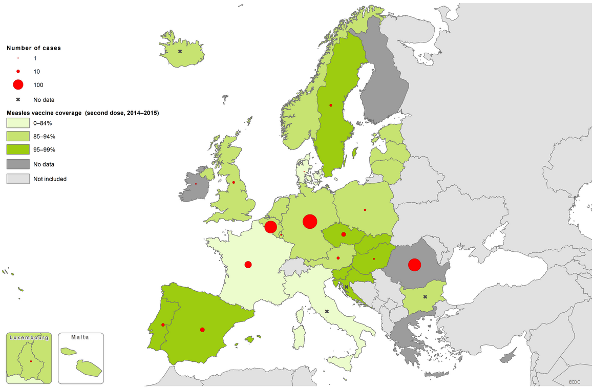 Measles vaccination coverage (second dose, 2014-2016), April 2017