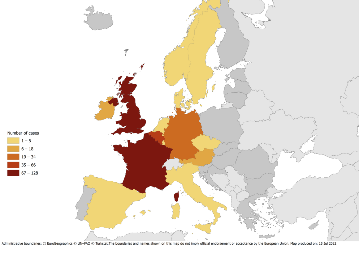 Figure 2. Number of confirmed and probable cases with monophasic S. Typhimurium infection by country, EU/EEA and the UK