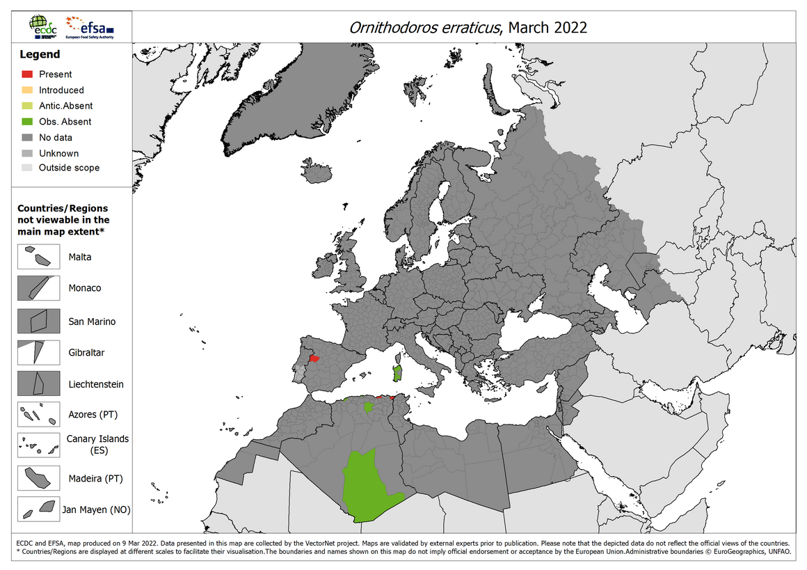 Ornithodorus erraticus - current known distribution: March 2022