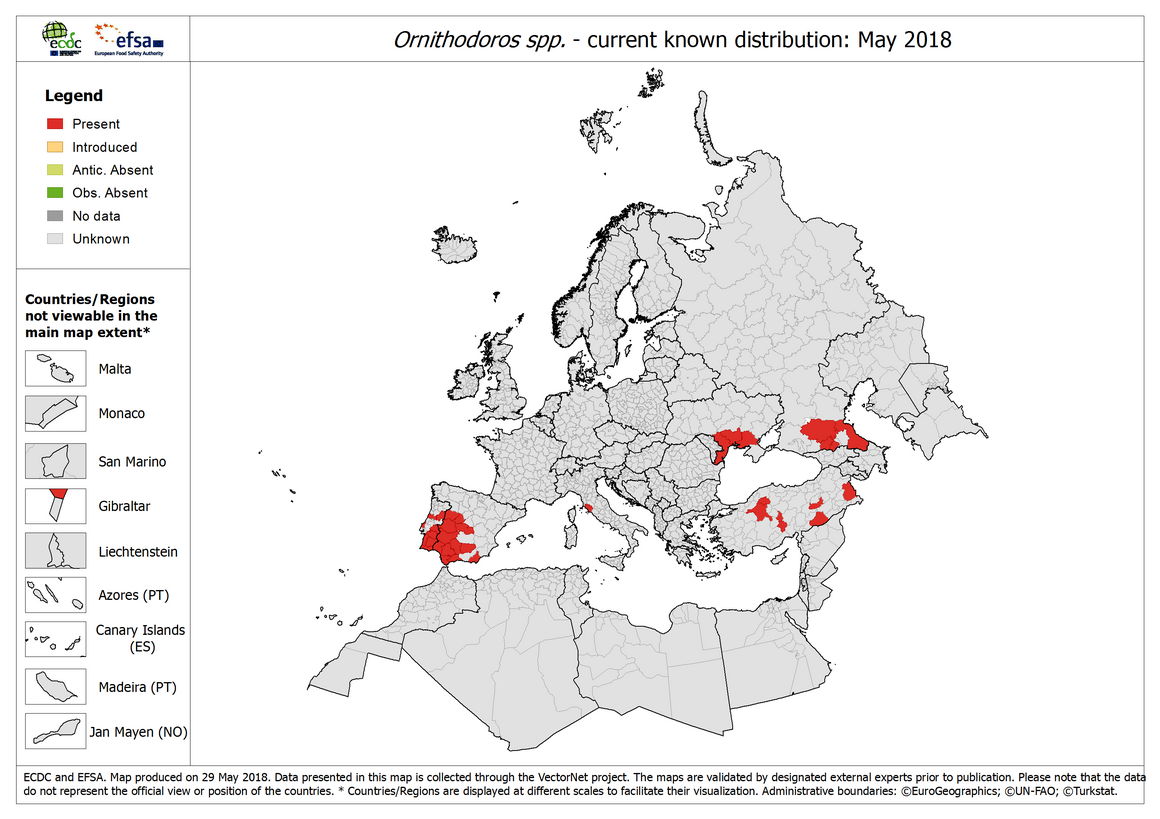 Map showing the current known distribution of Ornithodoros spp. ticks in Europe as of May 2018