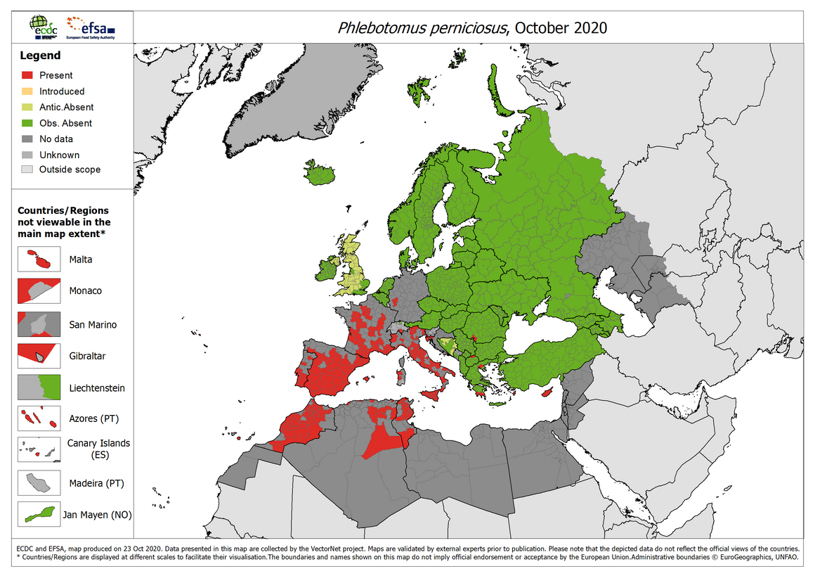Phlebotomus perniciosus - current known distribution: October 2020