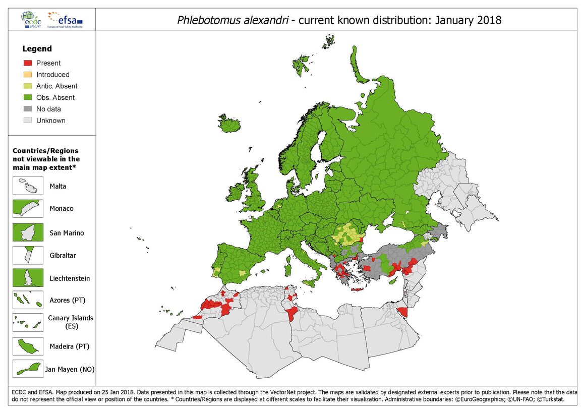 Phlebotomus alexandri - current known distribution in Europe, January 2018