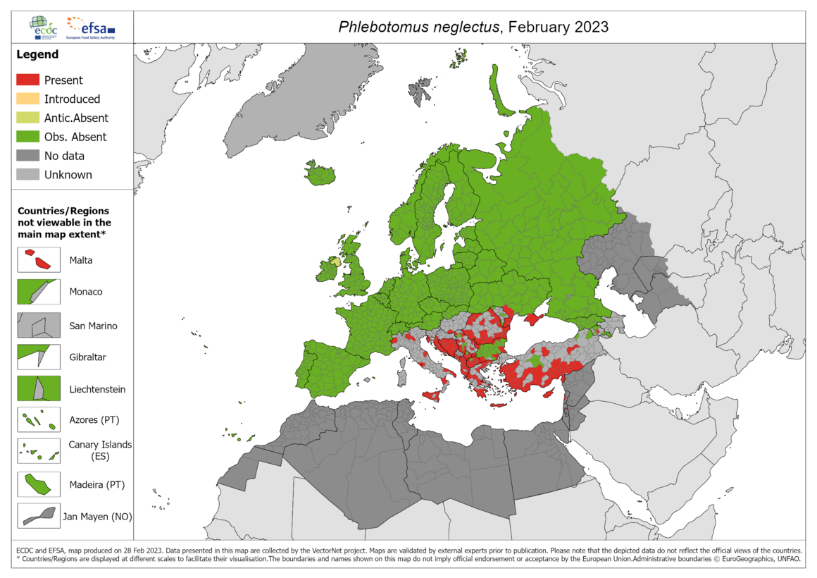 Phlebotomus neglectus - current known distribution: February 2023