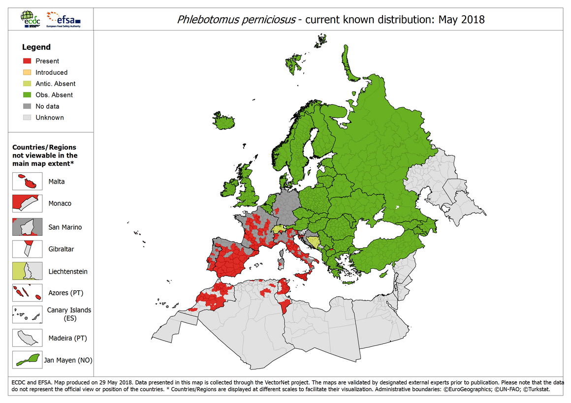  Phlebotomus perniciosus - current known distribution: May 2018