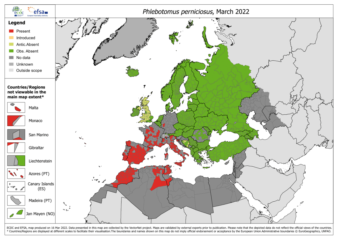 Phlebotomus perniciosus - current known distribution: March 2022
