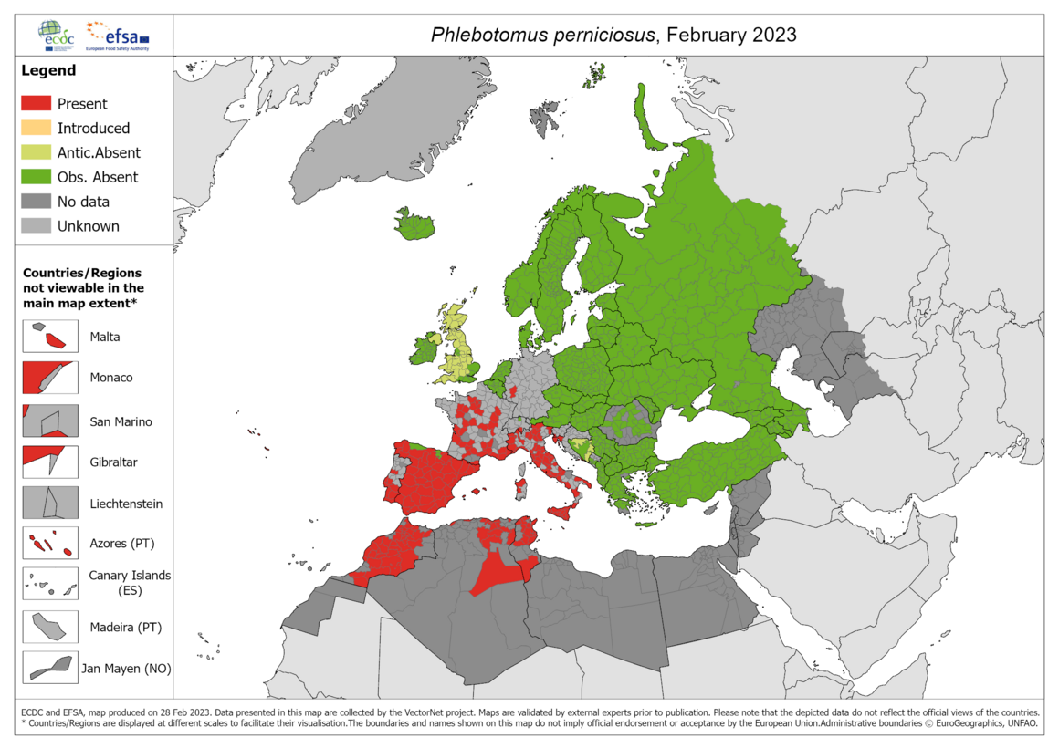 Phlebotomus perniciosus - current known distribution: February 2023