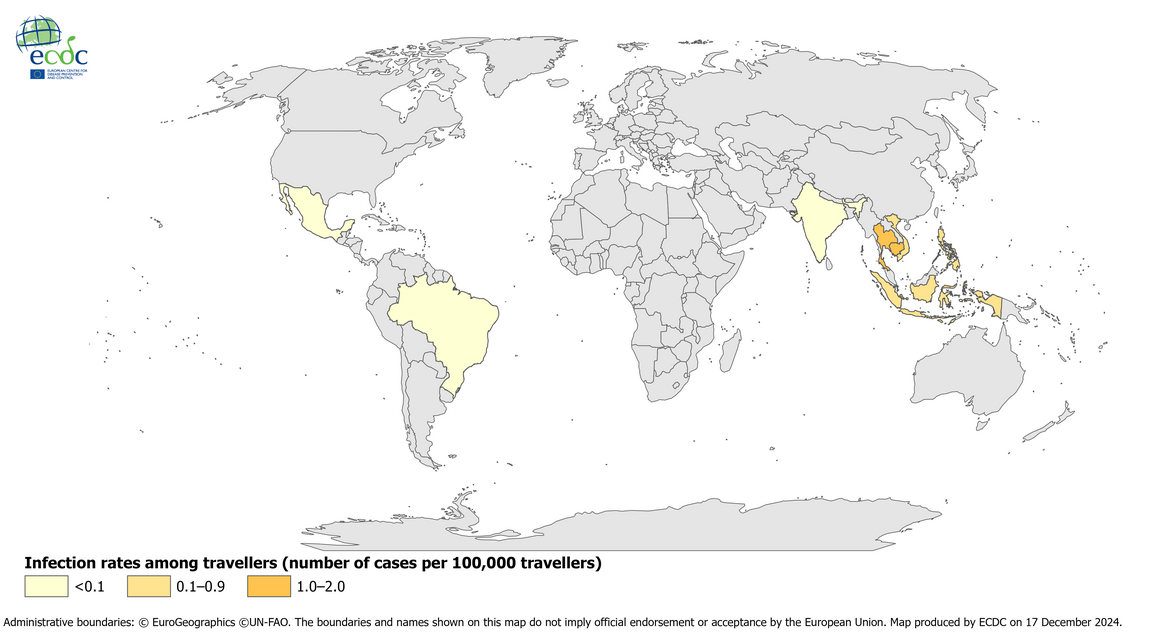 Rates of Zika virus disease infection among 100 000 travellers arriving in the EU/EEA, per country of infection, 2023 