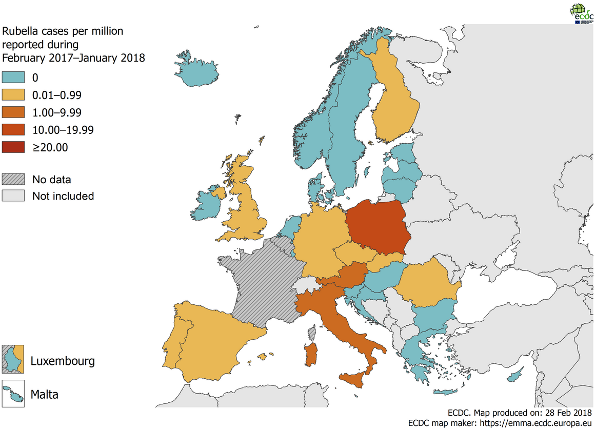 Rubella notification rate per million population by country, 1 February 2017 – 31 January 2018, EU/EEA countries