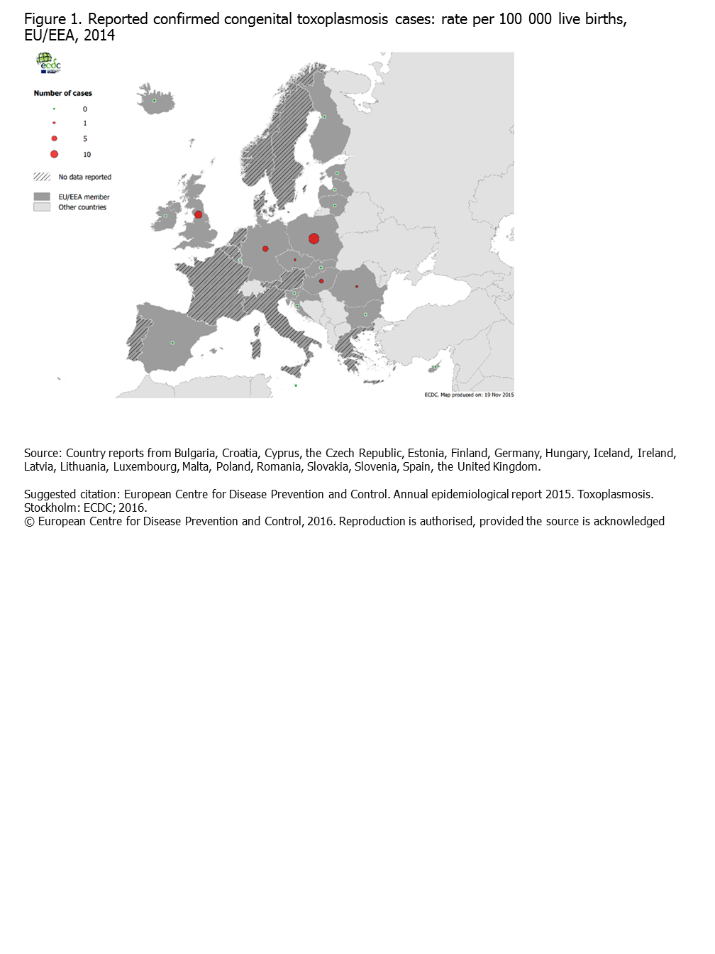 Reported numbers of confirmed congenital toxoplasmosis cases, EU/EEA, 2014