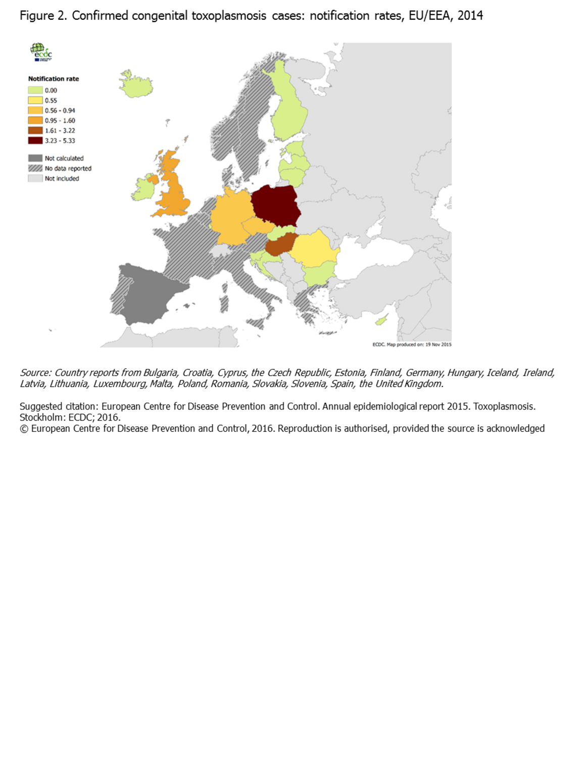 Reported confirmed congenital toxoplasmosis cases: rates per 100 000 live births, EU/EEA, 2014