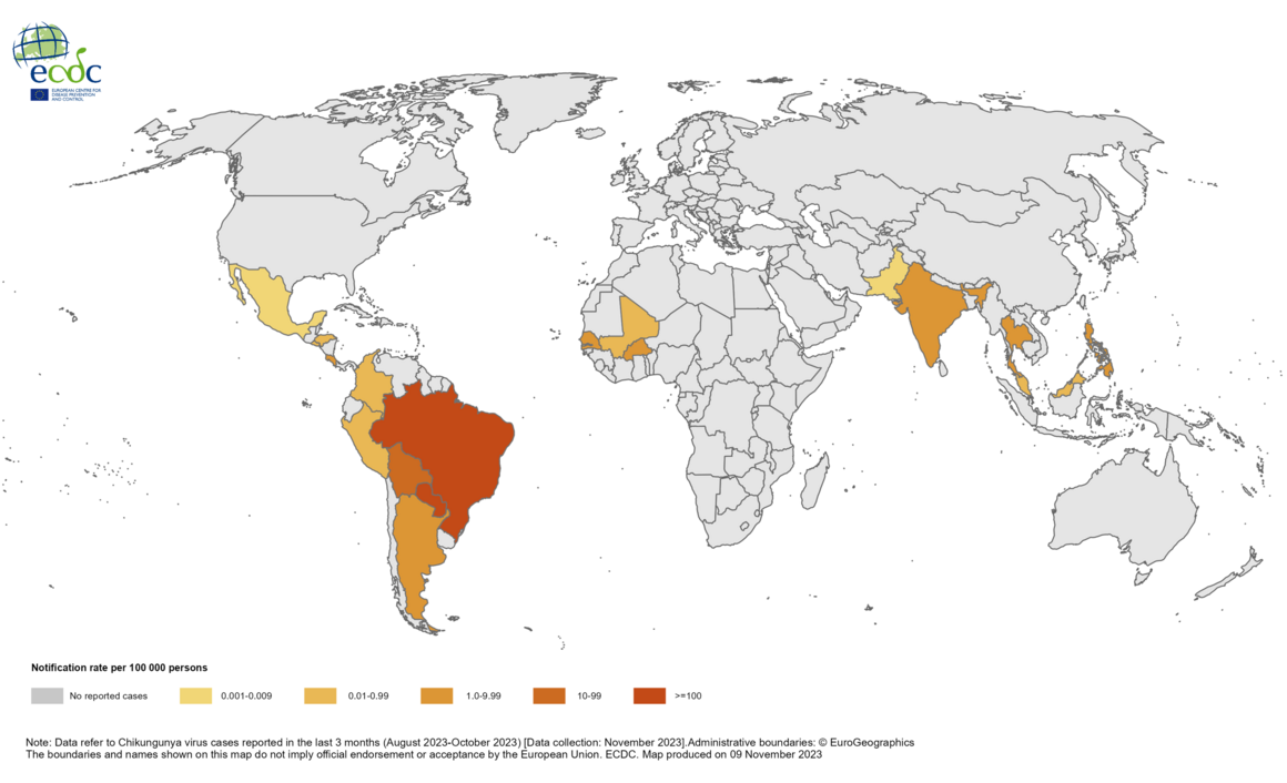 Three-month Chikungunya virus disease case notification rate per 100 000 population, August-October 2023