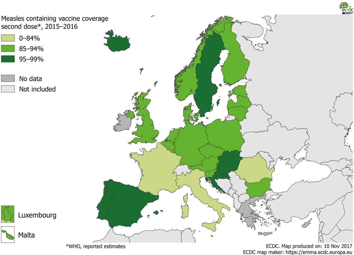 Measles cases by country (October 2017) and vaccine coverage, 1 October 2016 - 31 September 2017, EU/EEA countries