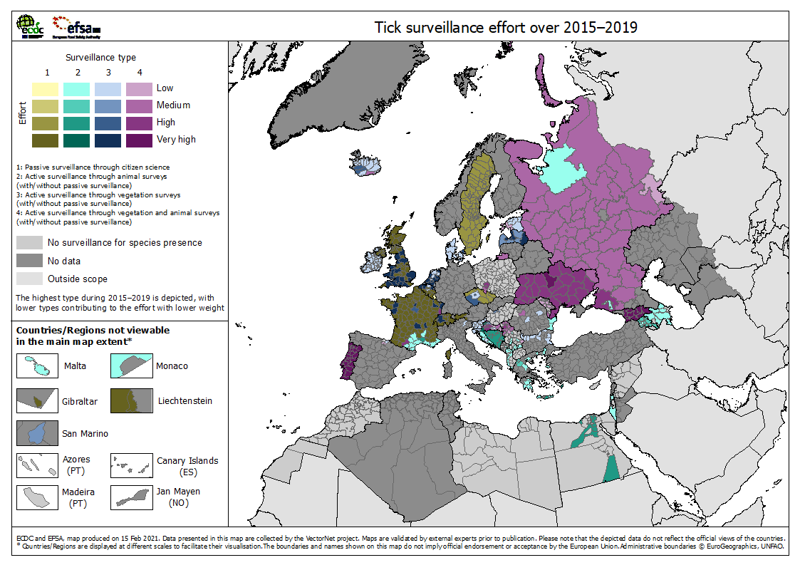 Tick surveillance effort over 2015–2019