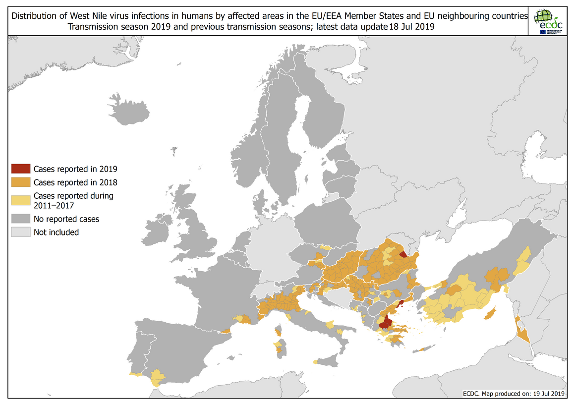 West Nile virus in Europe in 2019 - human cases compared to previous seasons, updated 18 July