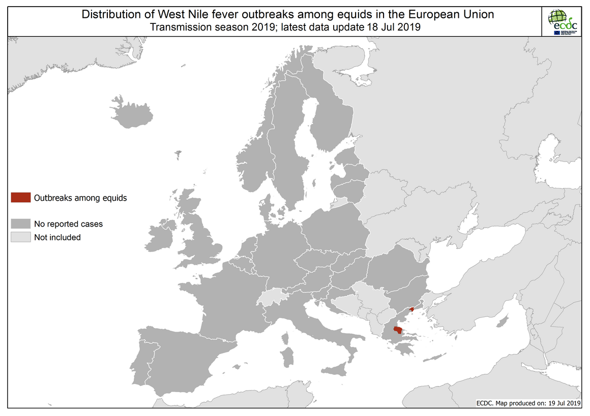 West Nile virus in Europe in 2019 - equine cases, updated 18 July