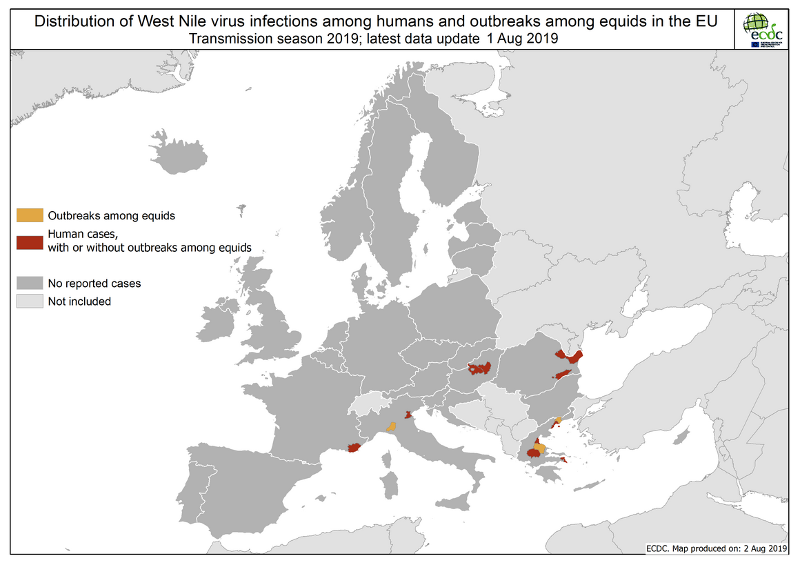 West Nile virus in Europe in 2019 - human and equine cases, updated 1 August