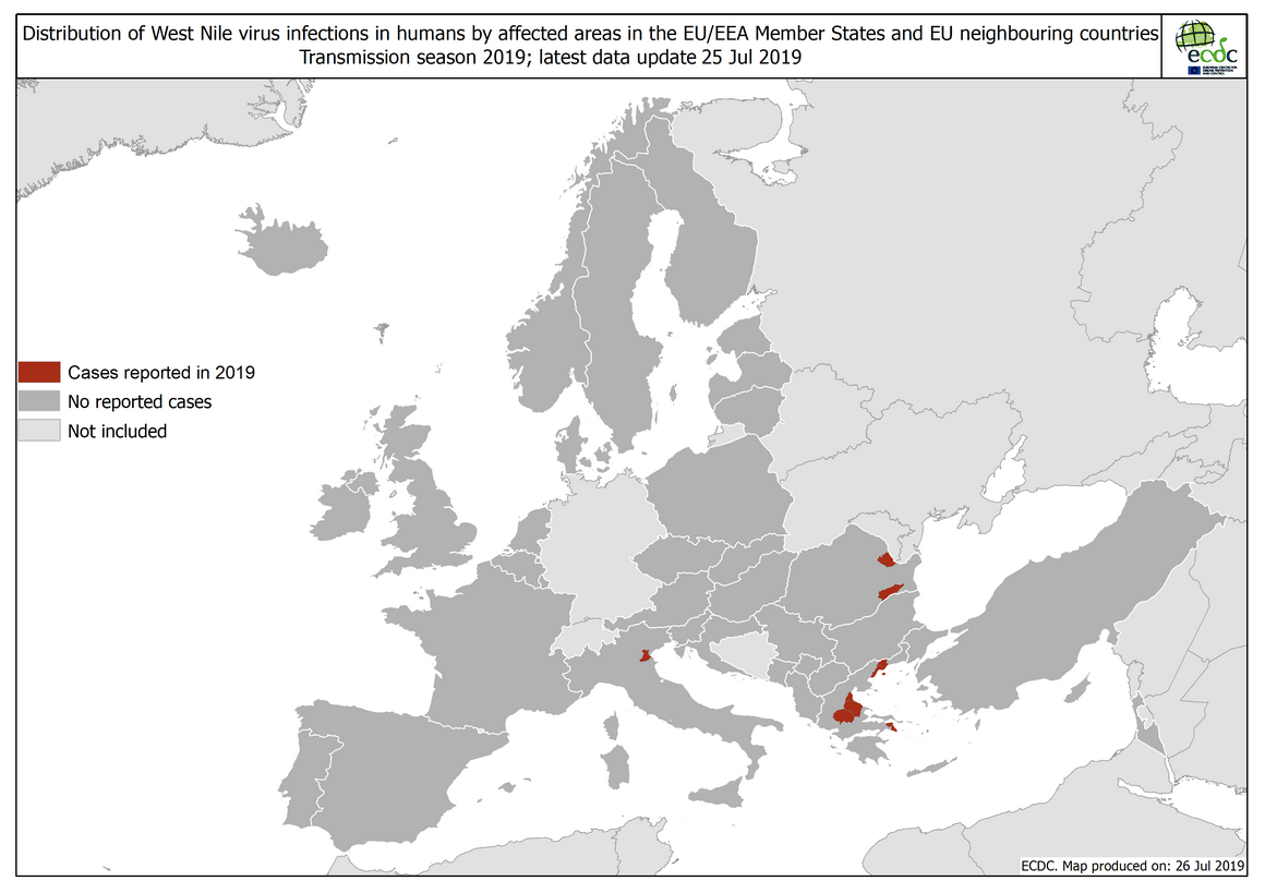 West Nile virus in Europe in 2019 - human cases, updated 25 July