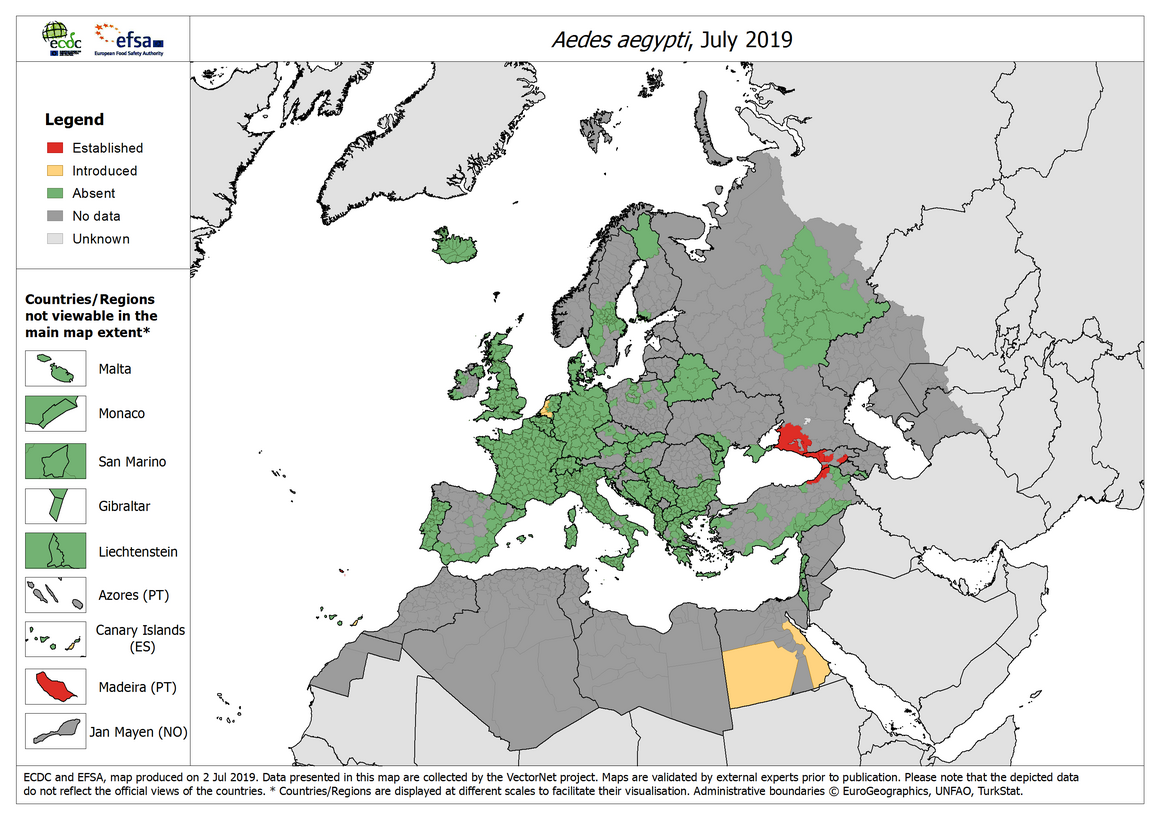 Map, Aedes aegypti - current known distribution: July 2019