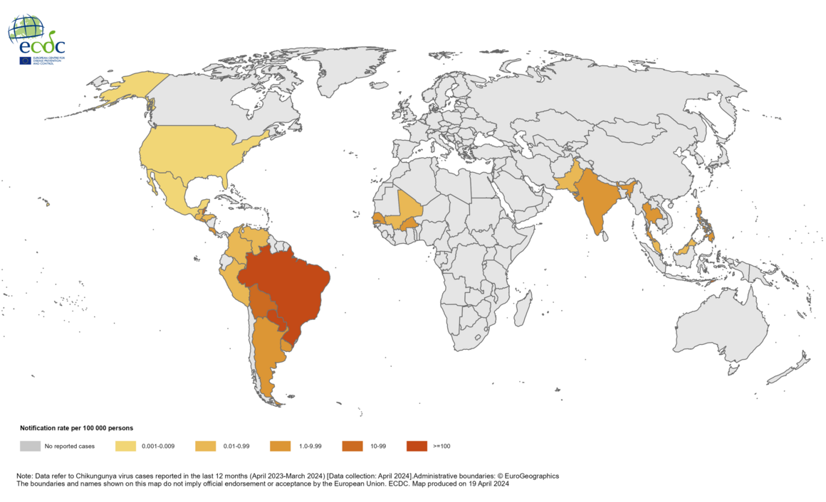 Countries/territories reporting Chikungunya cases since April 2023, and as of March 2024