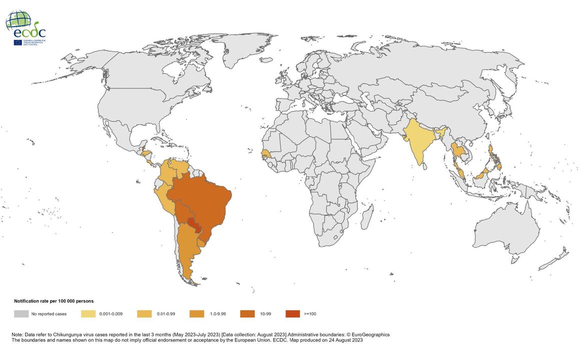 Three month Chikungunya virus disease case notification rate per 100 000 population, May - July 2023