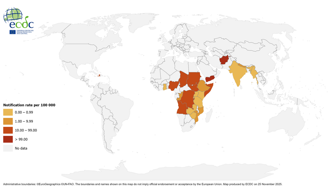 Geographical distribution of cholera cases reported worldwide from September to November 2025