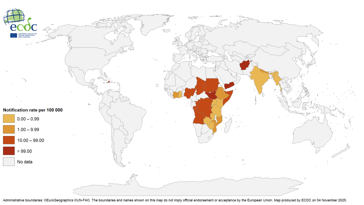 Geographical distribution of cholera cases reported worldwide from August to October 2025