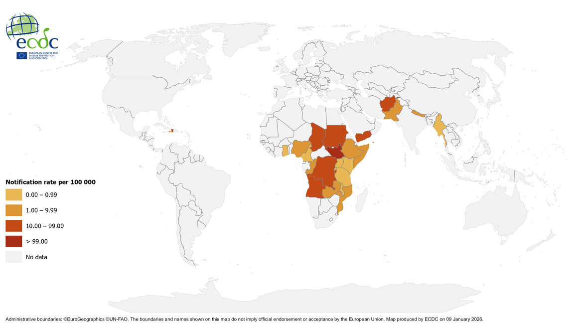  Geographical distribution of cholera cases reported worldwide from October 2025 to December 2025