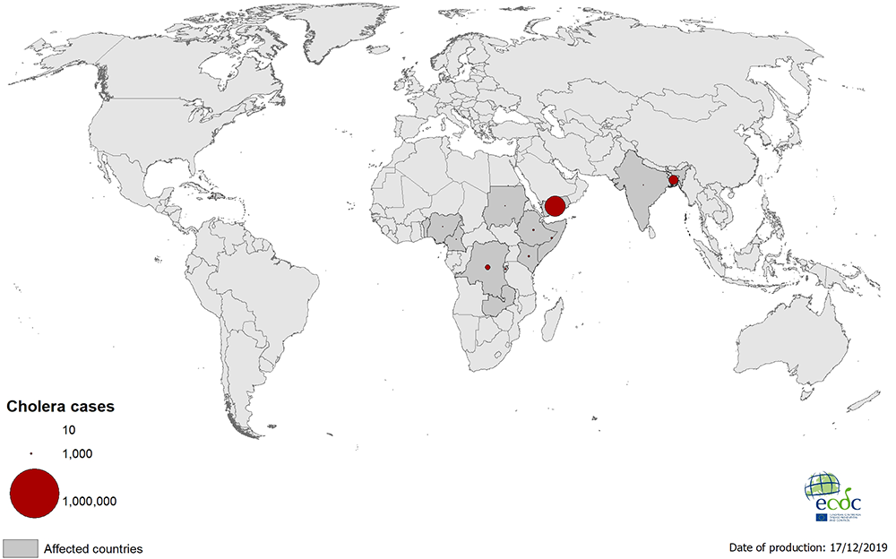 Cholera cases reported worldwide, as of 17 December 2019