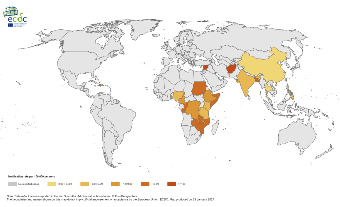 Geographical distribution of cholera cases reported worldwide from October to December 2023