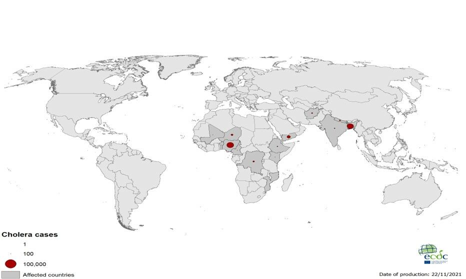 Geographical distribution of new cholera cases reported worldwide, September - November 2021
