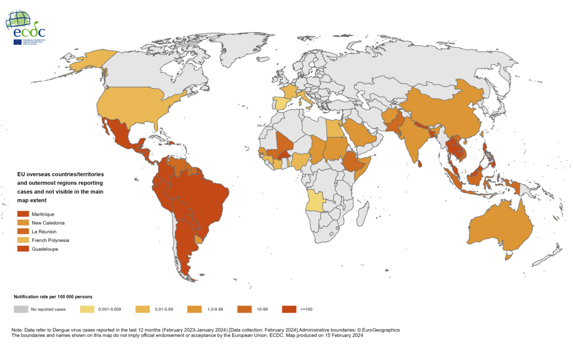 Countries/territories reporting Dengue cases since February 2023 and as of January 2024