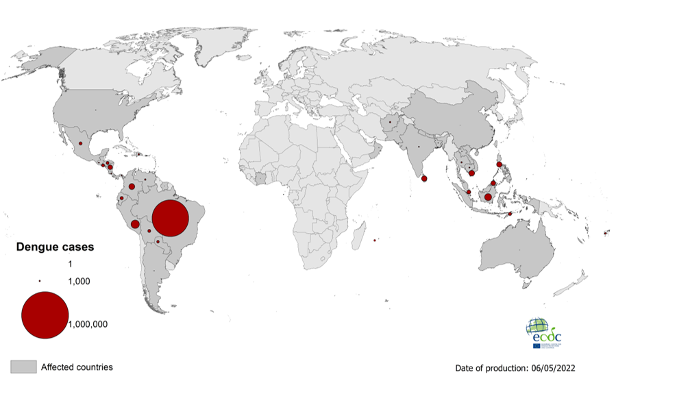 Geographical distribution of dengue cases reported worldwide in 2022, as of 5 May 2022