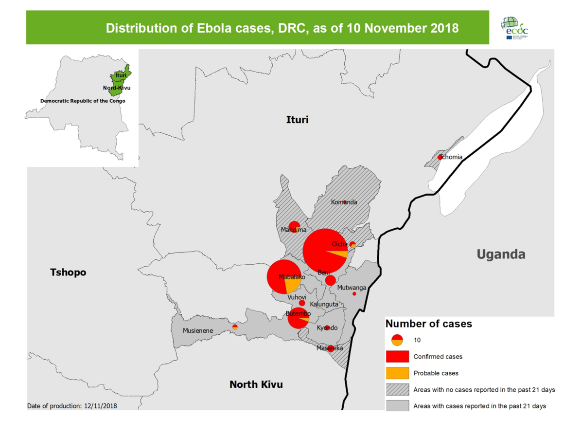 Distribution of Ebola cases, DRC, as of 10 November 2018