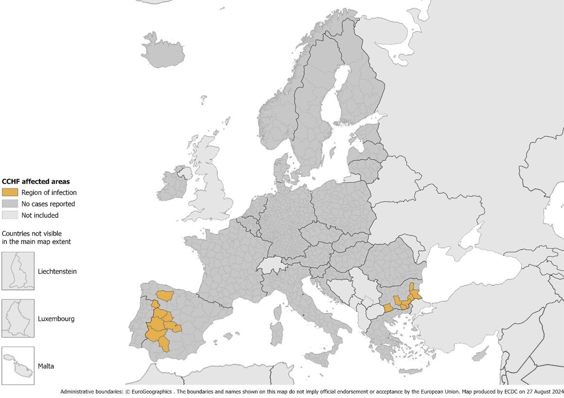 Regions of infection (in orange) for Crimean-Congo haemorrhagic fever cases infected via tick bites, EU/EEA, 2013–present