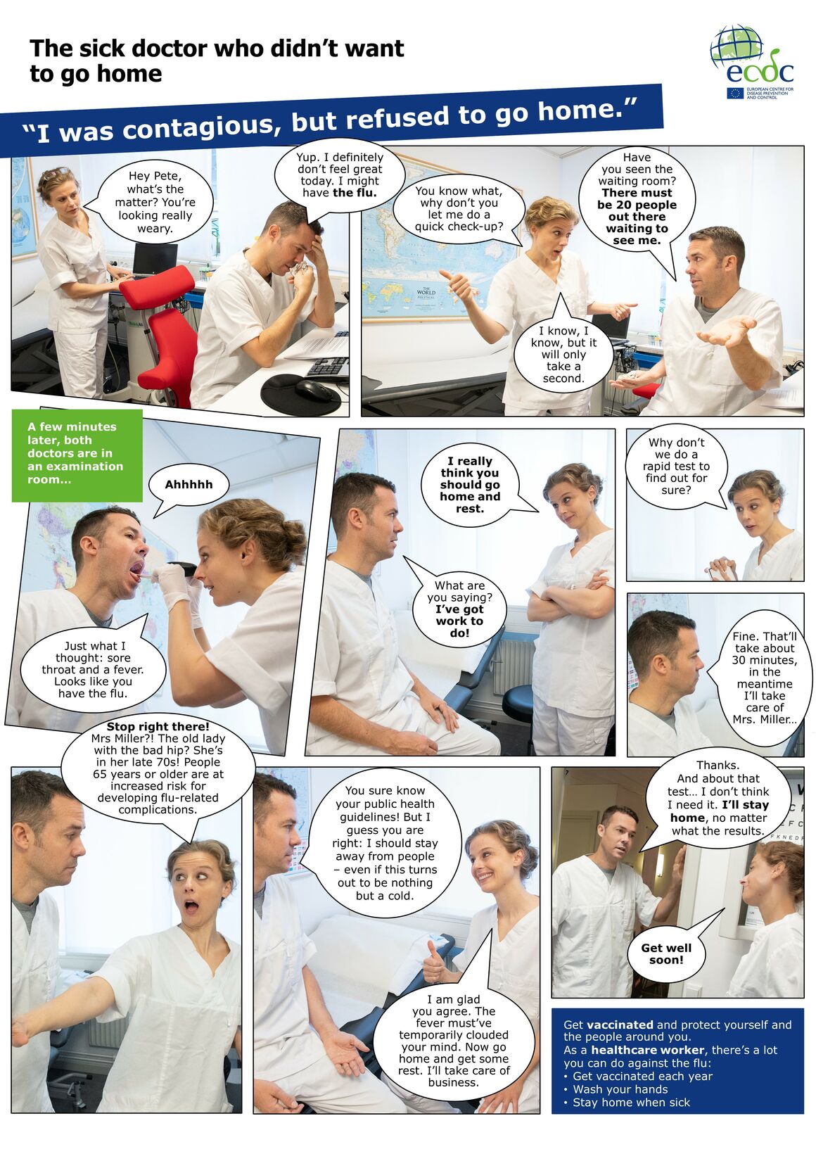 Photo comic poster seasonal influenza vaccination - Sick doctor