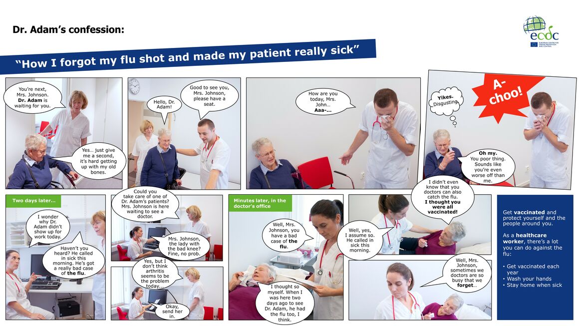 Photo comic to promote seasonal influenza vaccination sick patient sm